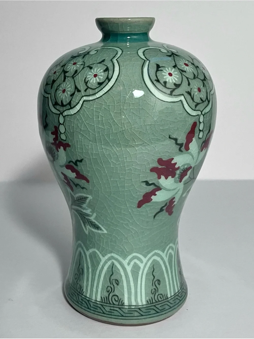 Vintage CELADON KOREAN Sanggam Inlaid MAEBYEONG VASE / Crackle Glaze / SIGNED